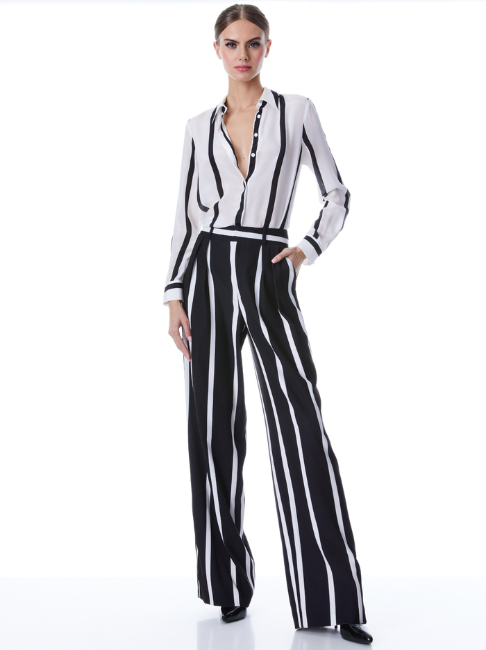 POMPEY HIGH WAISTED PLEATED PANTS - MODERN VERTICAL STRIPE BLK/OWT image 2 - Alice And Olivia