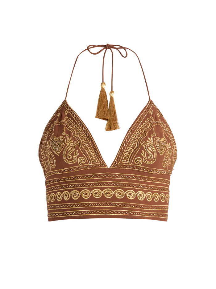 CARLI EMBROIDERED TIE NECK BRA TOP - CAMEL/GOLD image 5 - Alice And Olivia