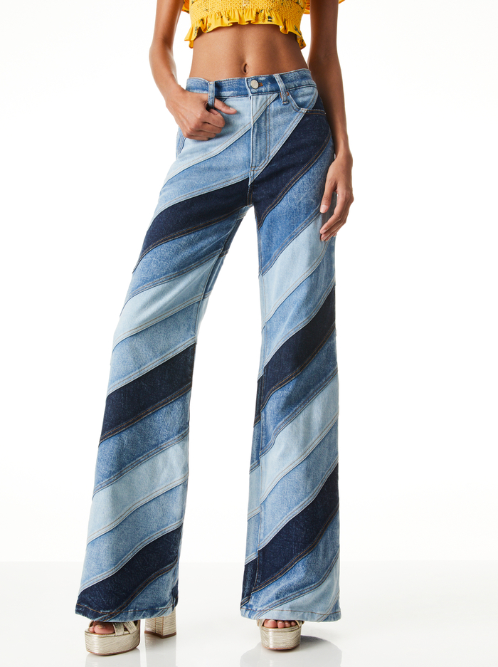 BEAUTIFUL WIDE FLARE JEAN - INDIGO TWIRL PATCHWORK - Alice And Olivia