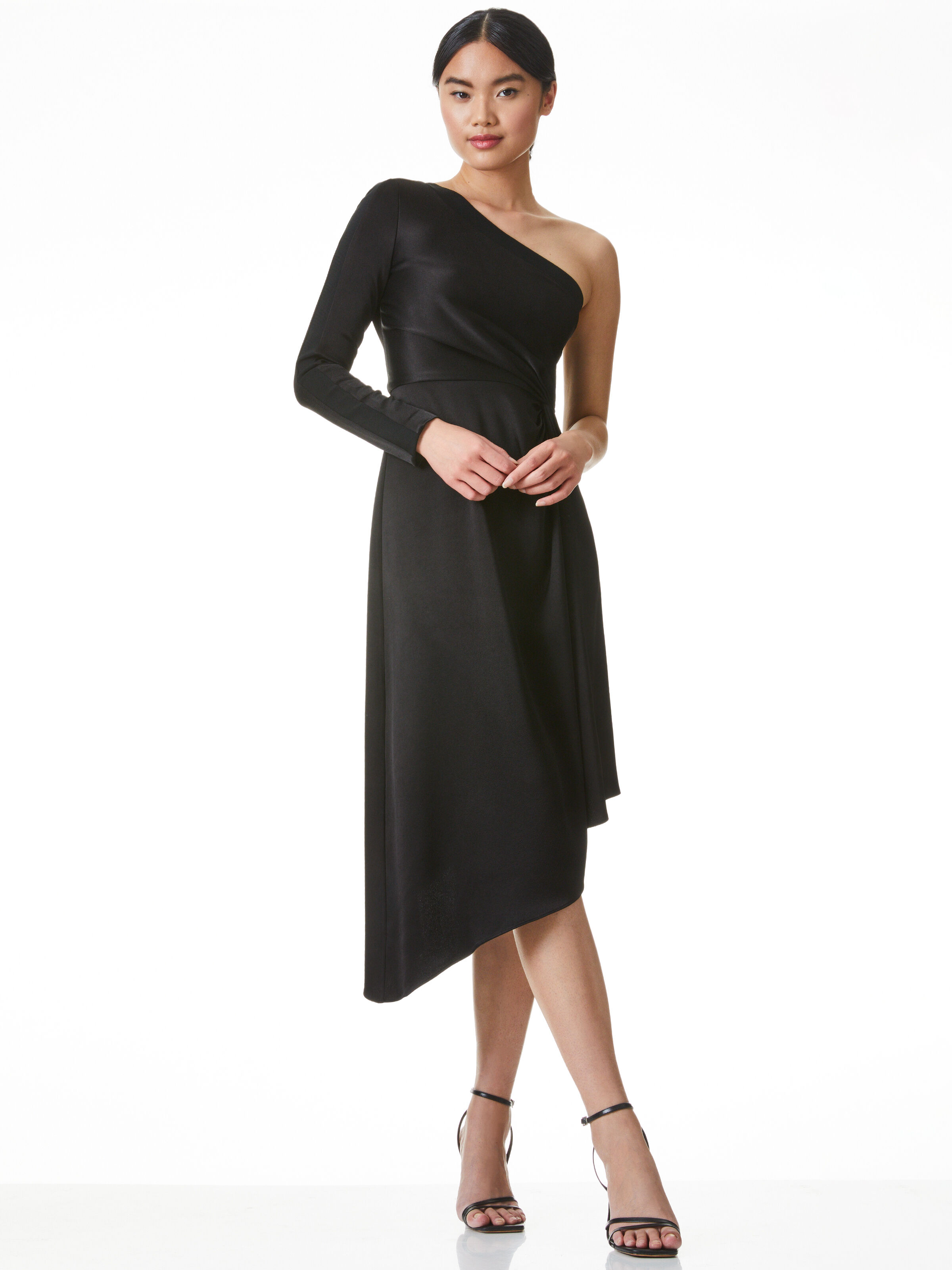 asymmetric off the shoulder sheath dress