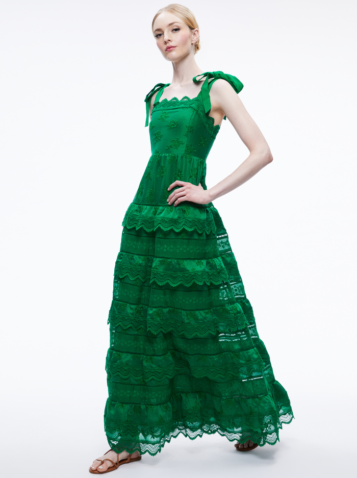 VEGA EYELET TIERED MAXI DRESS - EMERALD image 2 - Alice And Olivia