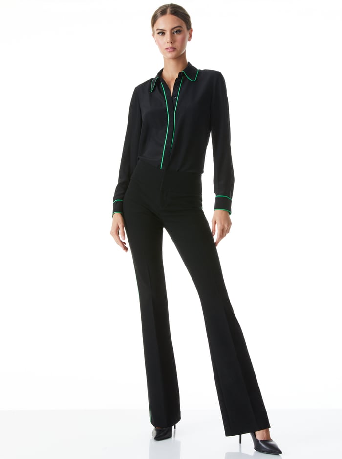 WILLA PIPED PLACKET TOP - BLACK/GARDEN GREEN image 2 - Alice And Olivia