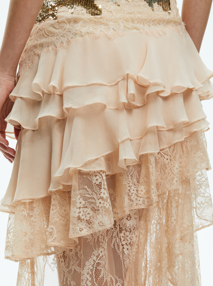 NELIA SEQUINED HIGH LOW RUFFLED MAXI DRESS - PALE GOLD image 1 - Alice And Olivia