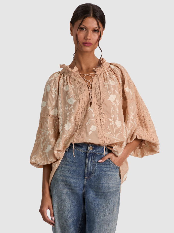 NORAH EMBROIDERED BLOUSE - ALMOND/VANILLA - ALICE + OLIVIA
