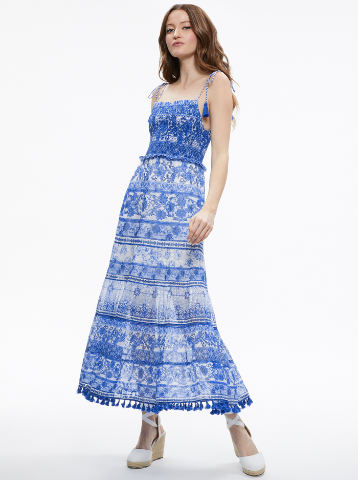 MONNIE SMOCKED TIE STRAP TIERED MIDI DRESS - GREEK TILE - Alice And Olivia
