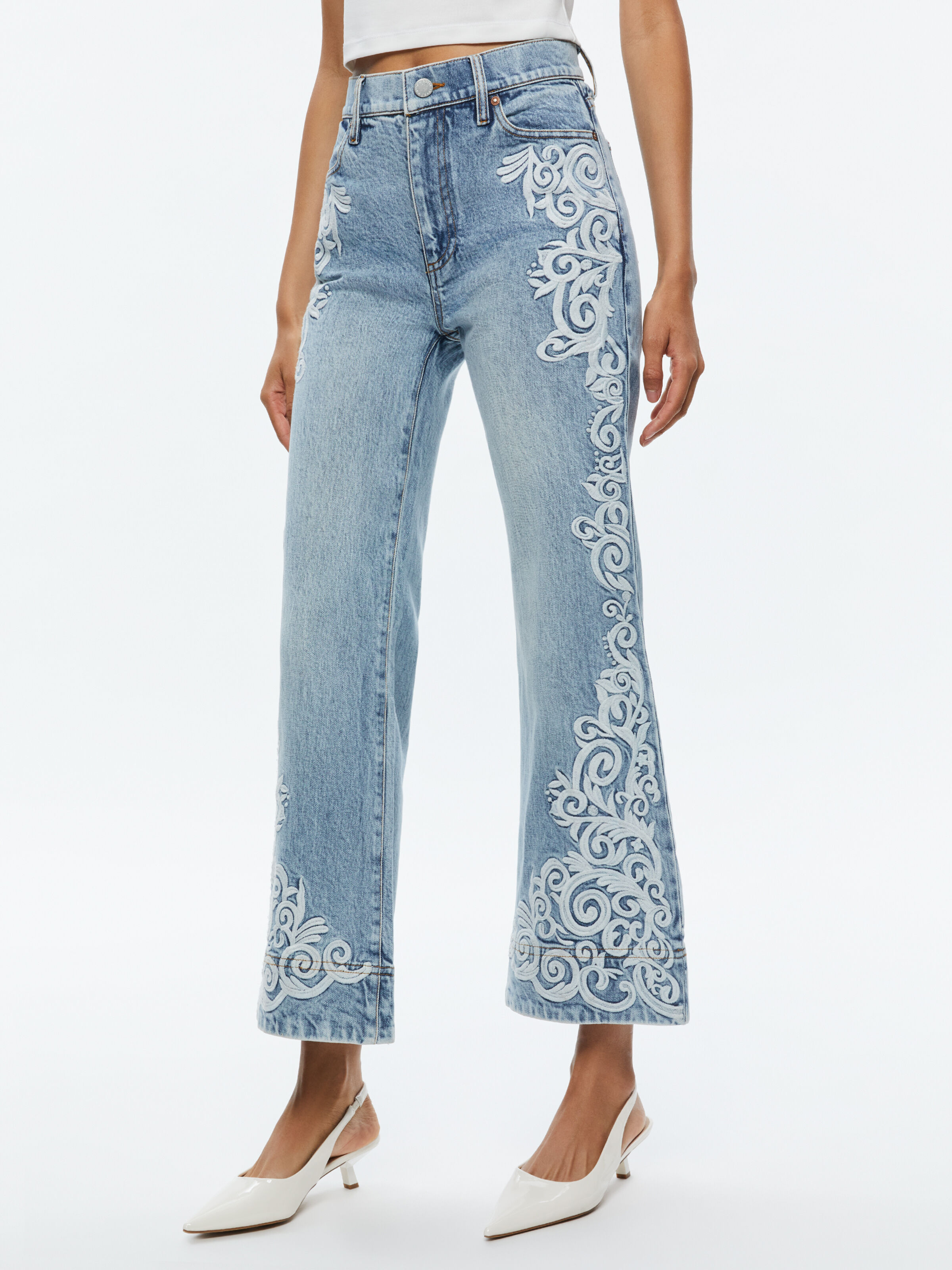 Beautiful Embroidered Cropped Bell Jean In Rockstar Blue Alice Olivia