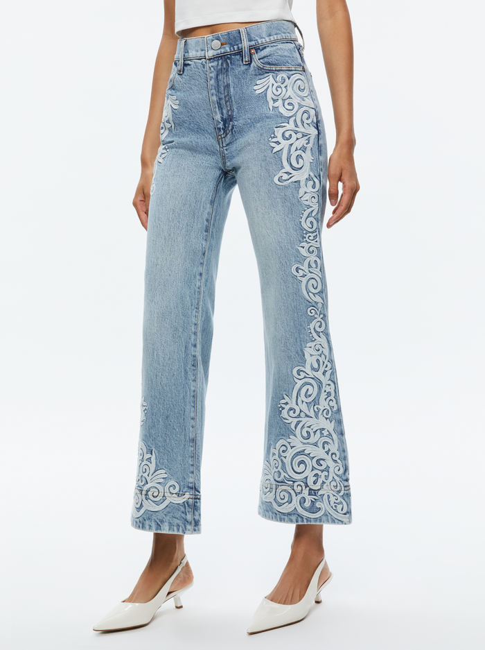 BEAUTIFUL EMBROIDERED CROPPED BELL JEAN - ROCKSTAR BLUE - Alice And Olivia