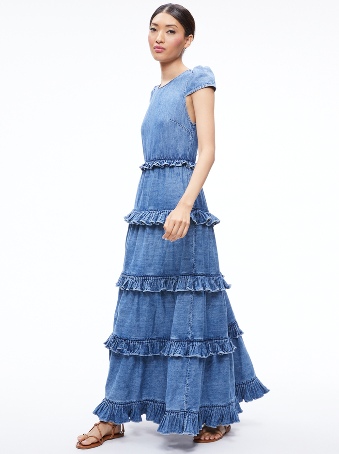 CADBY DENIM RUFFLED MAXI DRESS - IVY BLUE image 2 - Alice And Olivia