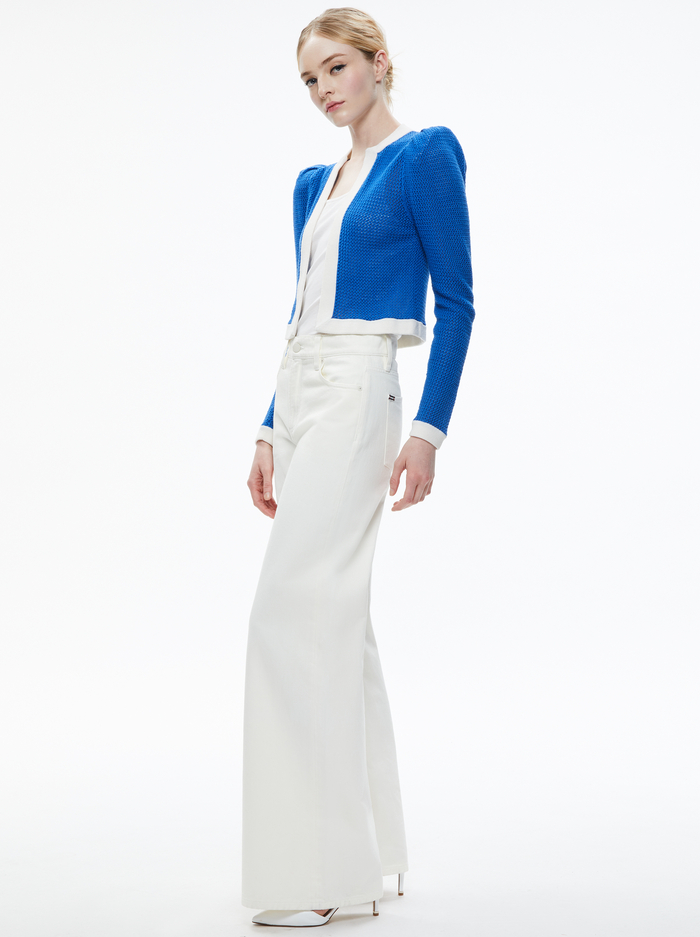 TRINA STRUCTURED SHOULDER CROPPED CARDIGAN - SAPPHIRE/SOFT WHITE image 4 - ALICE + OLIVIA