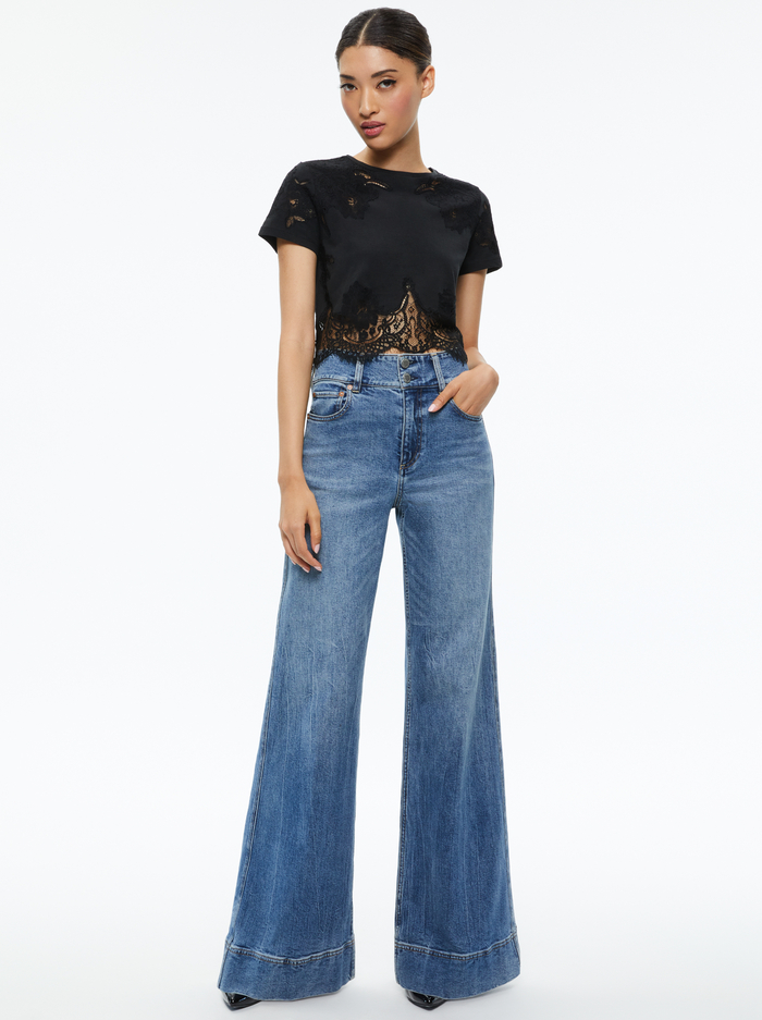 STEPHEN LACE DETAIL CROPPED TEE - BLACK image 2 - Alice And Olivia