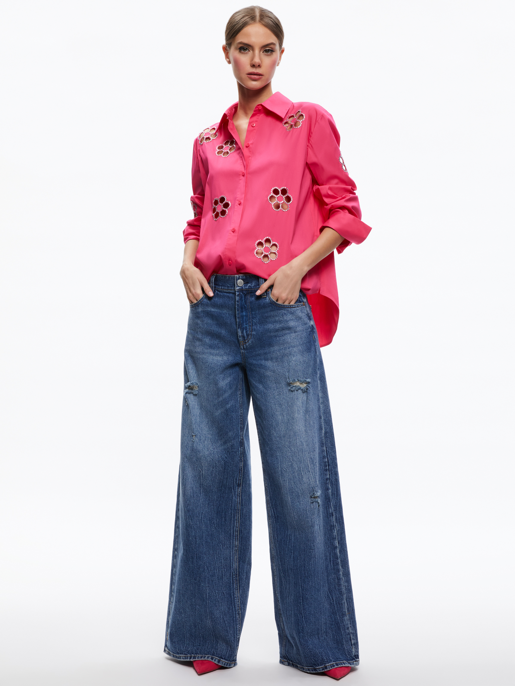 Jade Mesh Button Down Open Road - Alice + Olivia