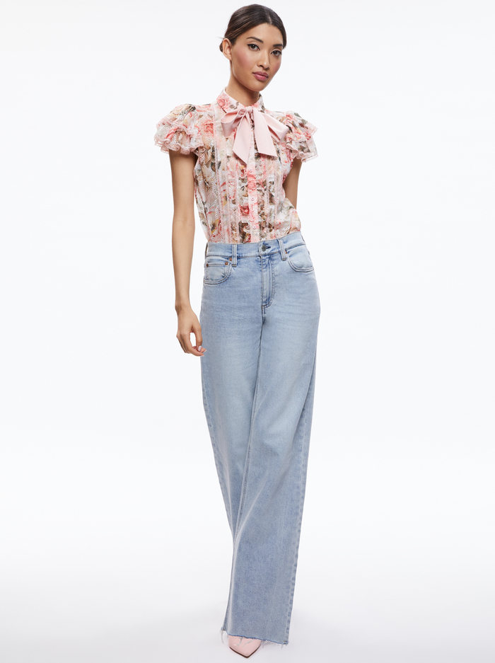 MINDA RUFFLE SLEEVE BLOUSE WITH TIE NECK - MORNINGSIDE FLORAL WHITE image 4 - Alice And Olivia