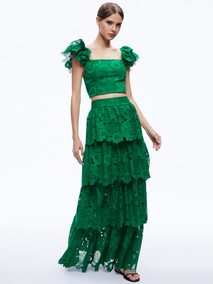 TAWNY EYELET SQUARE NECK CROP TOP + JIA EYELET TIERED RUFFLE MAXI SKIRT - 