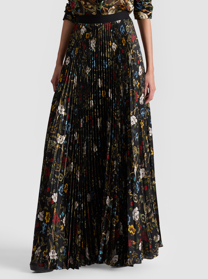 KATZ PLEATED MAXI SKIRT - TAPESTRY TRAILS SM BLACK - Alice And Olivia