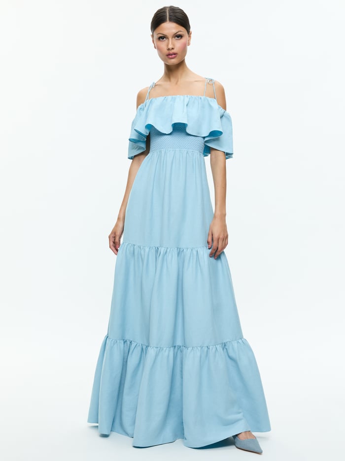 KIA OFF THE SHOULDER TIERED MAXI DRESS - MINERAL BLUE image 4 - Alice And Olivia