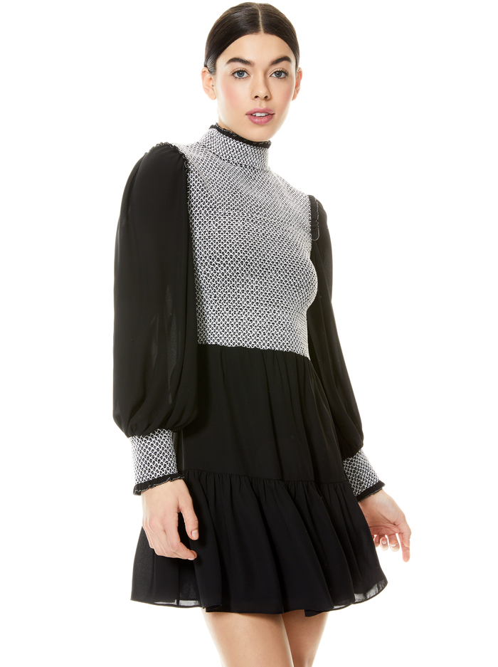 ELVIRA SMOCKED MOCK NECK MINI DRESS  - BLACK/WHITE image 3 - Alice And Olivia