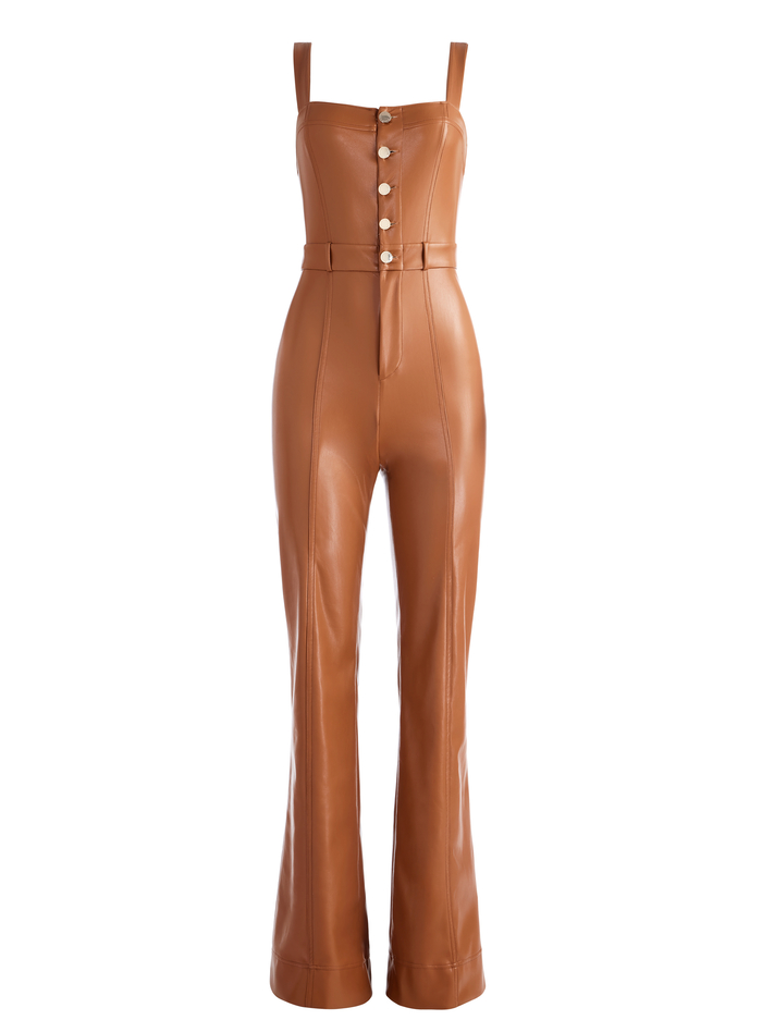 LINETTE VEGAN LEATHER SLEEVELESS JUMPSUIT - CAMEL image 5 - Alice And Olivia