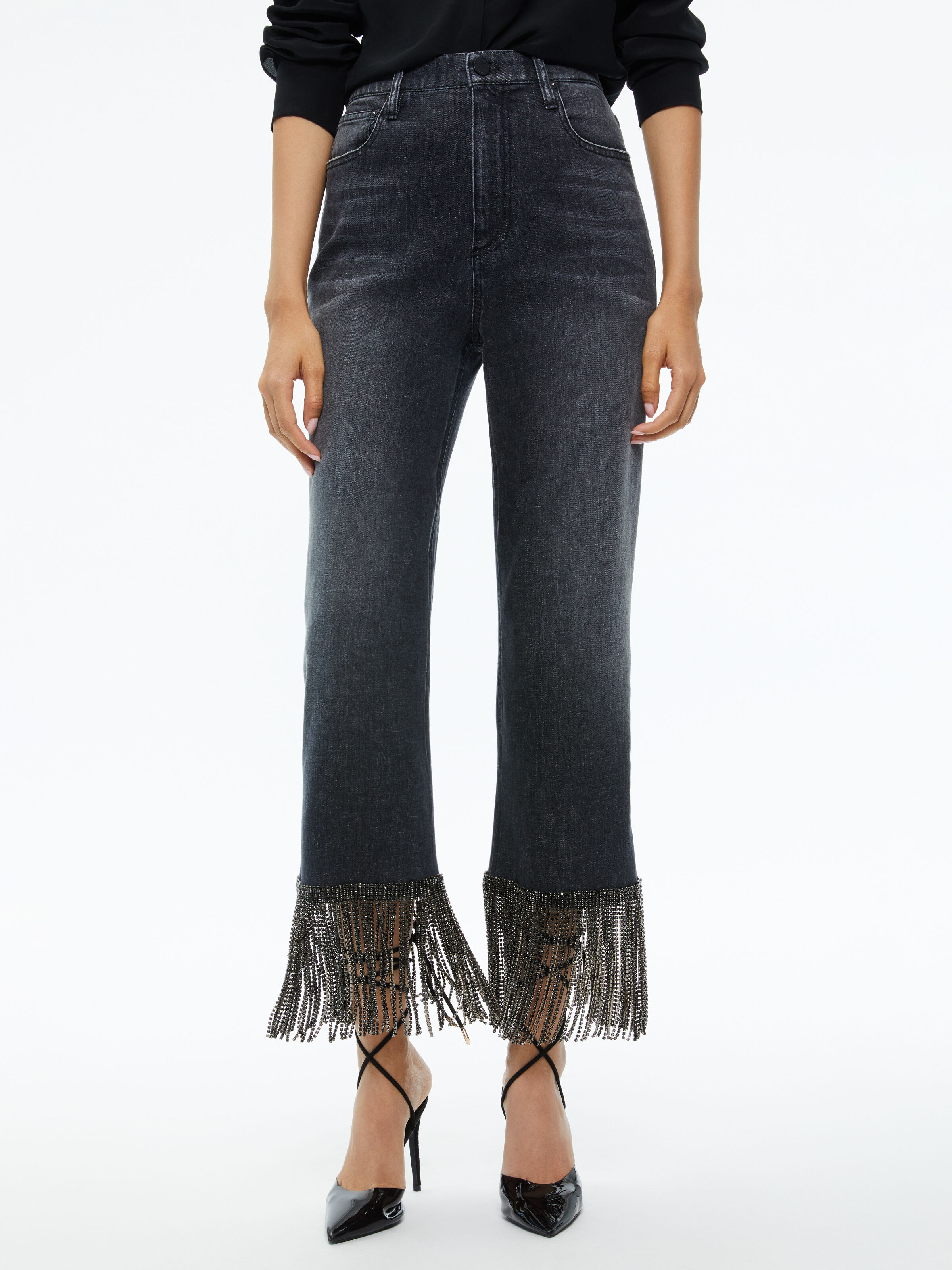 Amazing Crystal Fringe Hem Jean In Maya Charcoal Black Alice Olivia