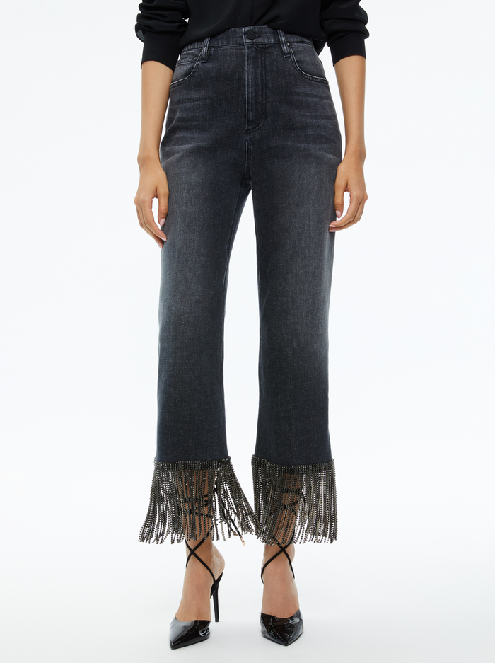 AMAZING CRYSTAL FRINGE HEM JEAN - MAYA CHARCOAL BLACK - Alice And Olivia