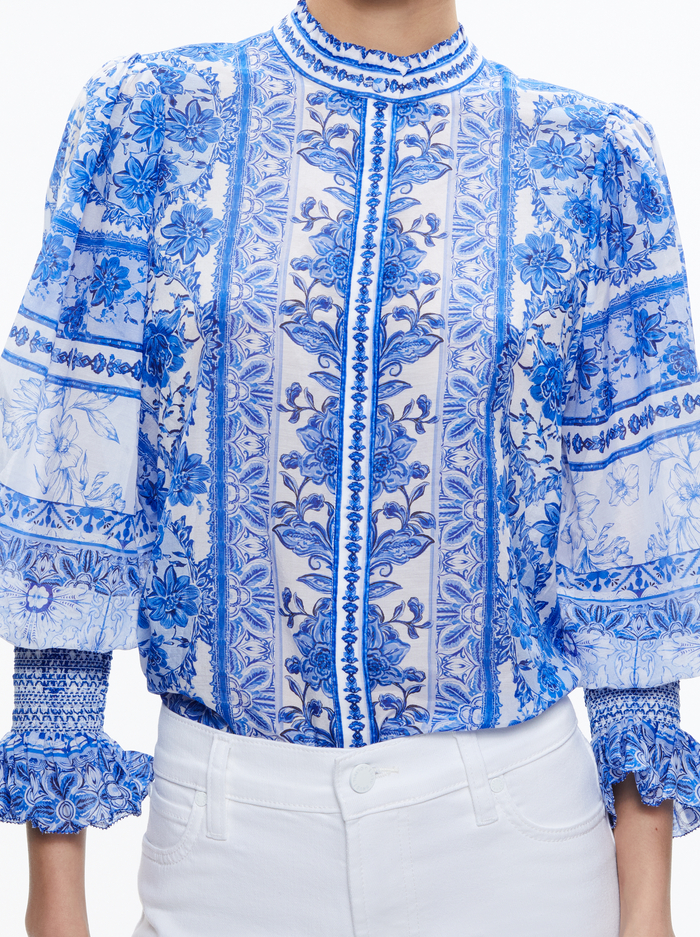 ILAN SMOCKED SLEEVE BUTTON FRONT BLOUSE - GREEK TILE image 3 - ALICE + OLIVIA
