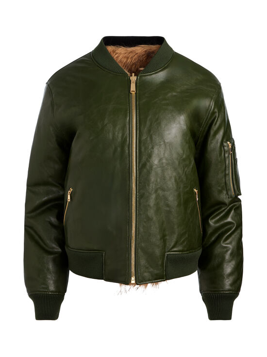 DARK OLIVE/CAMEL-BECKY REVERSIBLE FAUX FUR BOMBER JACKET