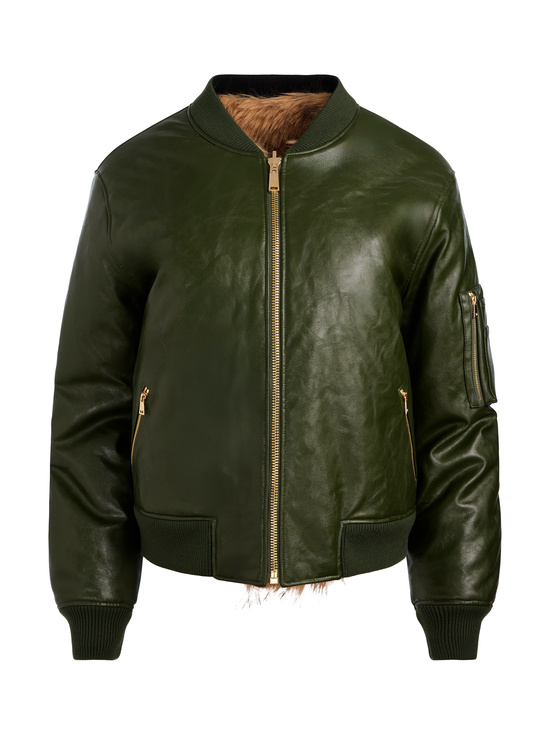 DARK OLIVE/CAMEL-BECKY REVERSIBLE FAUX FUR BOMBER JACKET