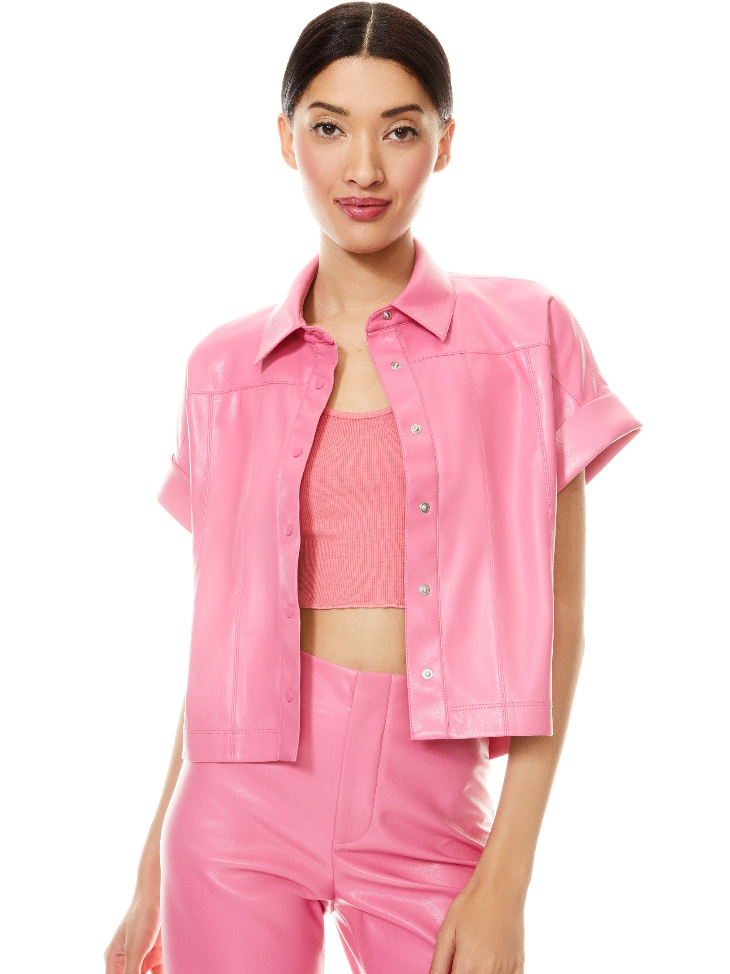 Alice and olivia pink leather jacket clearance