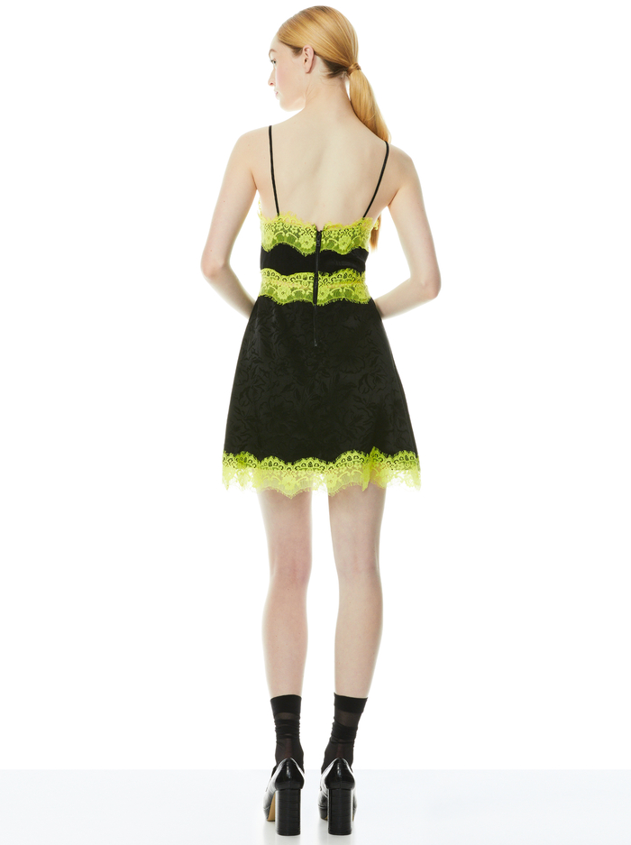 ZAIRA LACE TRIM MINI DRESS - BLACK/LIME PUNCH image 1 - Alice And Olivia