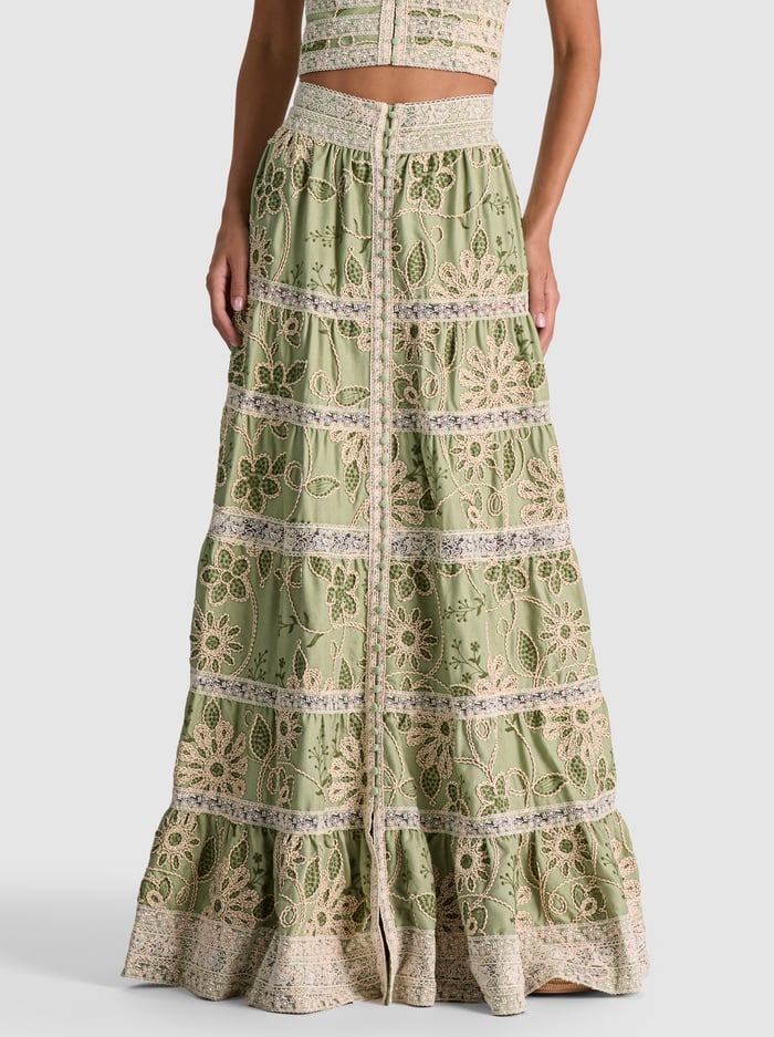 ADIRA EMBROIDERED MAXI SKIRT - GREEN LILY/OATMEAL - ALICE + OLIVIA