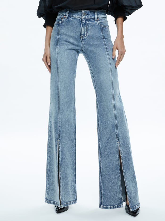 SEDONA LOW RISE CENTER FRONT SLITS FLARE JEAN - LIGHTNING BLUE - Alice And Olivia