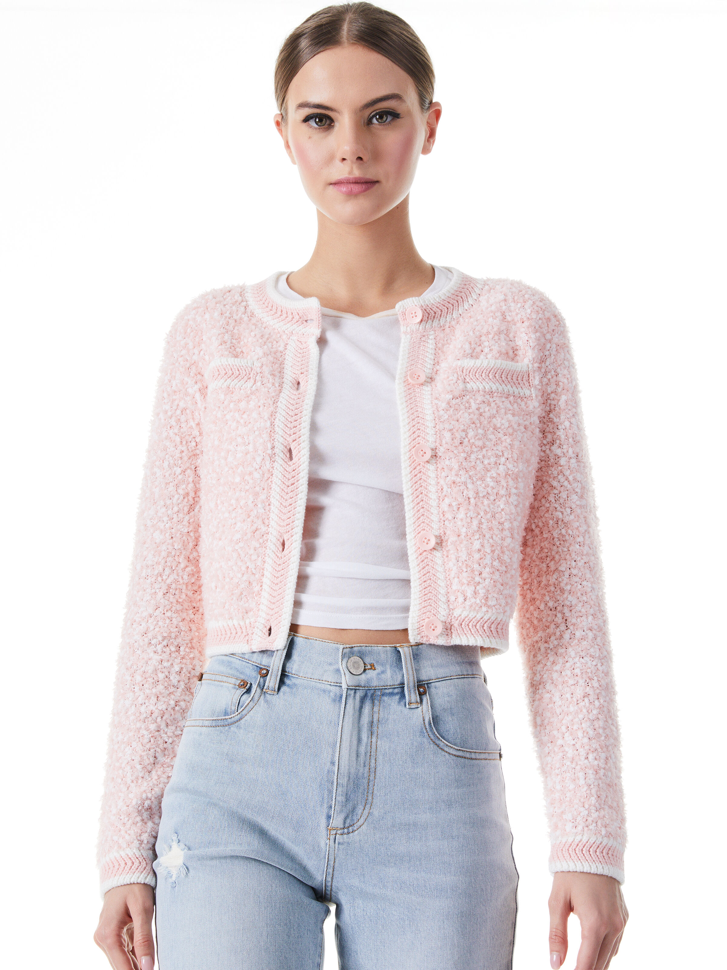 Noella Crew Neck Cropped Cardigan In English Rose soft White Alice Olivia