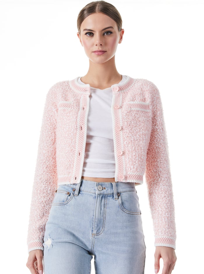 NOELLA CREW NECK CROPPED CARDIGAN - ENGLISH ROSE/SOFT WHITE - Alice And Olivia