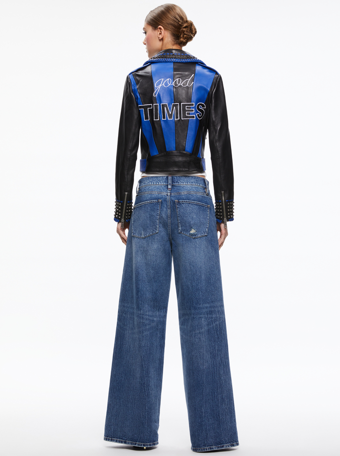 A+O X DEBORAH KASS CODY MOTO LEATHER JACKET - BLACK/BLUE image 1 - Alice And Olivia