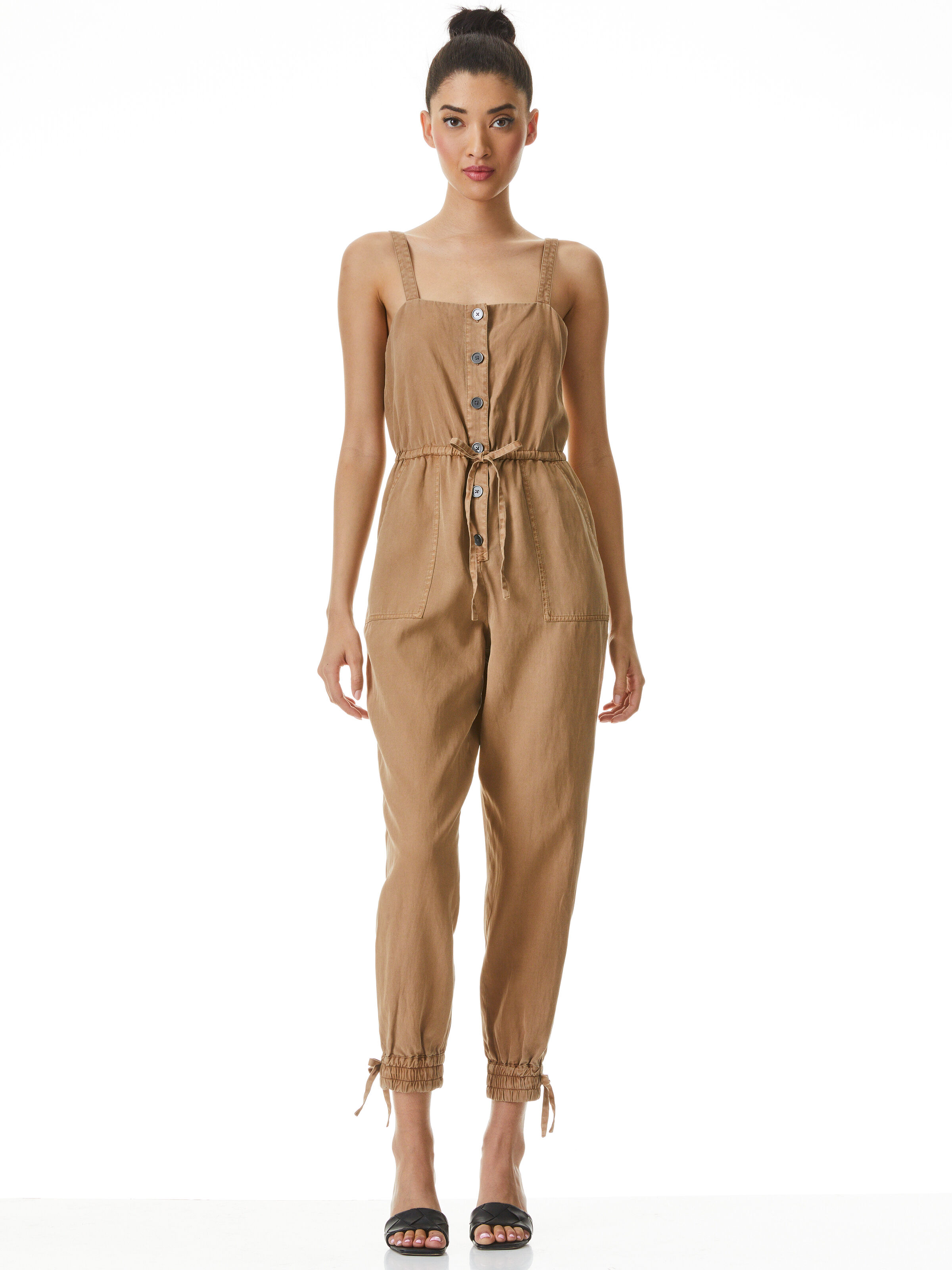 Tiana Button Front Jumpsuit In Tan