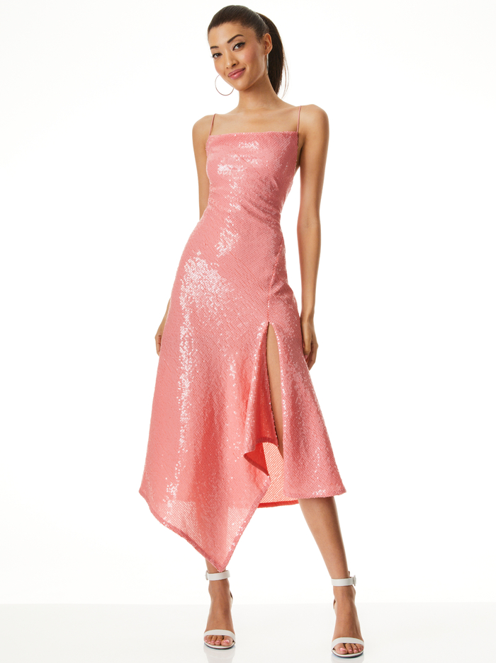 HARMONY SEQUIN ASYMMETRICAL DRESS WITH SLIT - ROSE - Alice And Olivia