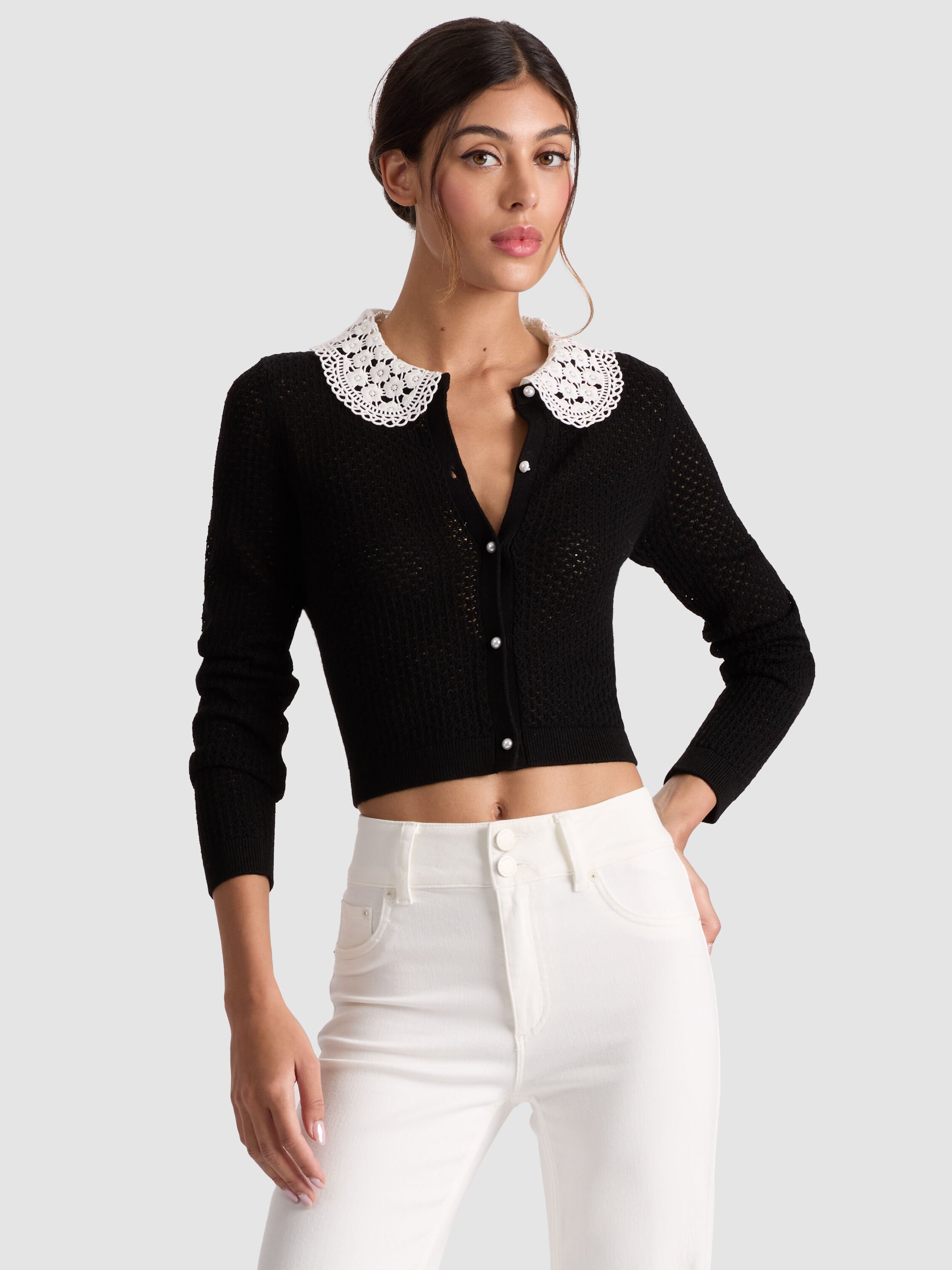 CARSON COLLARED CARDIGAN in BLACK/SOFT WHITE | ALICE + OLIVIA