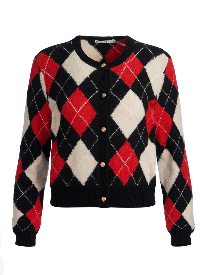 CAROLEE ARGYLE CARDIGAN - OATMEAL/BLACK/PERFECT RUBY image 6 - Alice And Olivia