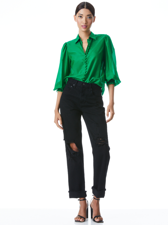 JOEY BUTTON FRONT BLOUSE - DARK EMERALD image 2 - Alice And Olivia
