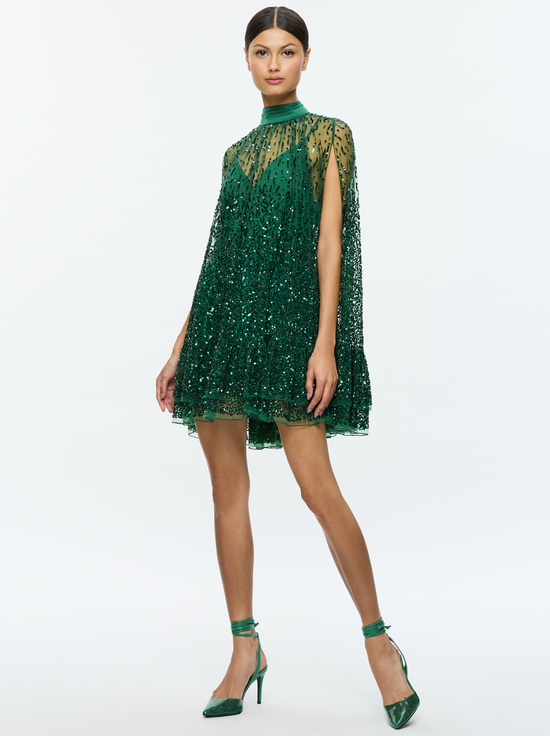 ZENON CAPE MINI DRESS in FOREST GREEN | ALICE + OLIVIA