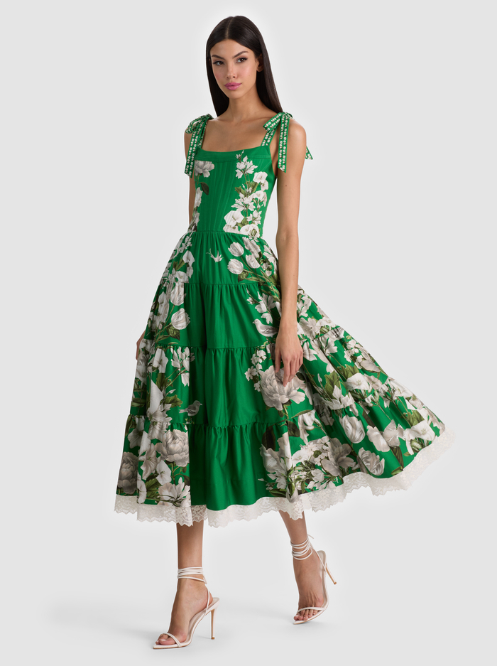 ROSALEE BUSTIER MIDI DRESS - AMERICAN BEAUTY GREEN APPLE - ALICE + OLIVIA