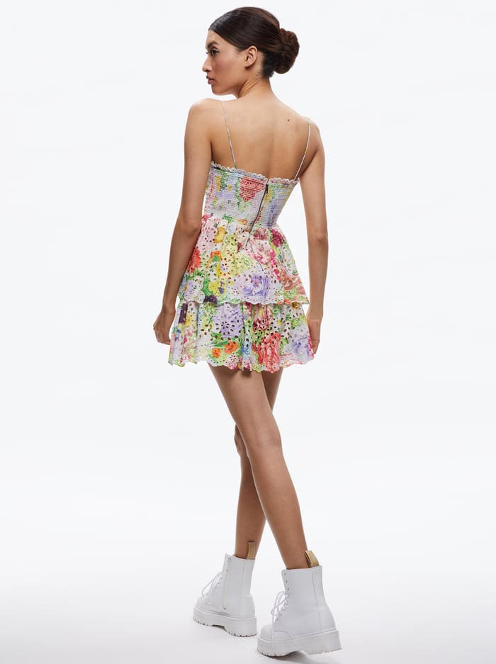 FINA TIE FRONT SMOCKED WAIST RUFFLE MINI DRESS - DAWN FLORAL image 1 - Alice And Olivia