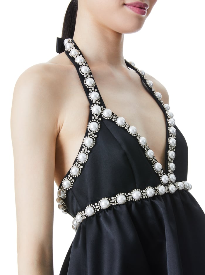 LAURENA EMBELLISHED TIE NECK MINI DRESS - BLACK image 3 - Alice And Olivia