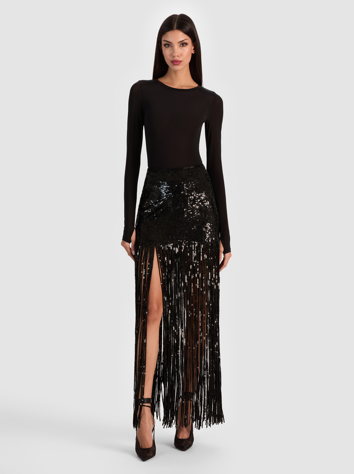 KENDRA SEQUIN FRINGE MAXI SKIRT - BLACK image 1 - Alice And Olivia