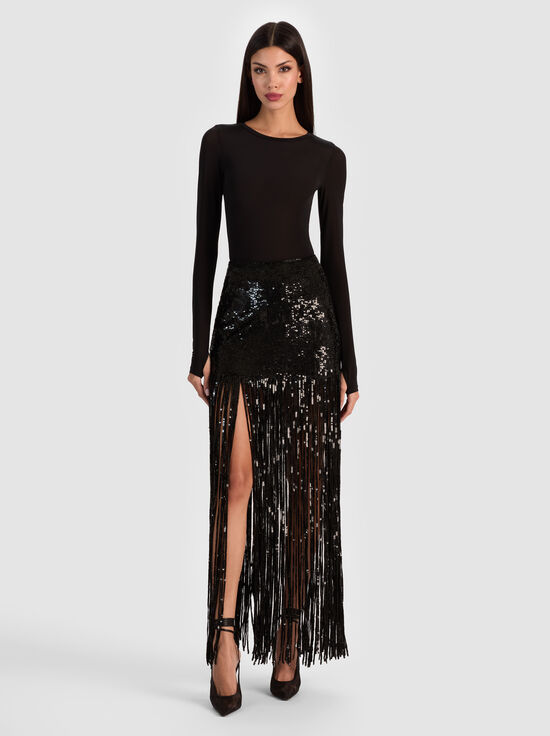 BLACK-KENDRA SEQUIN FRINGE MAXI SKIRT
