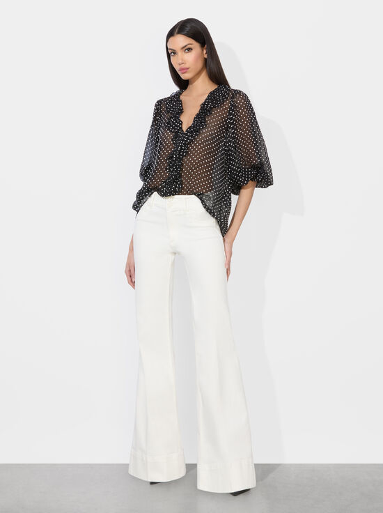BLACK/OFF WHITE POLKA DOT-BETSIE RUFFLED BLOUSE