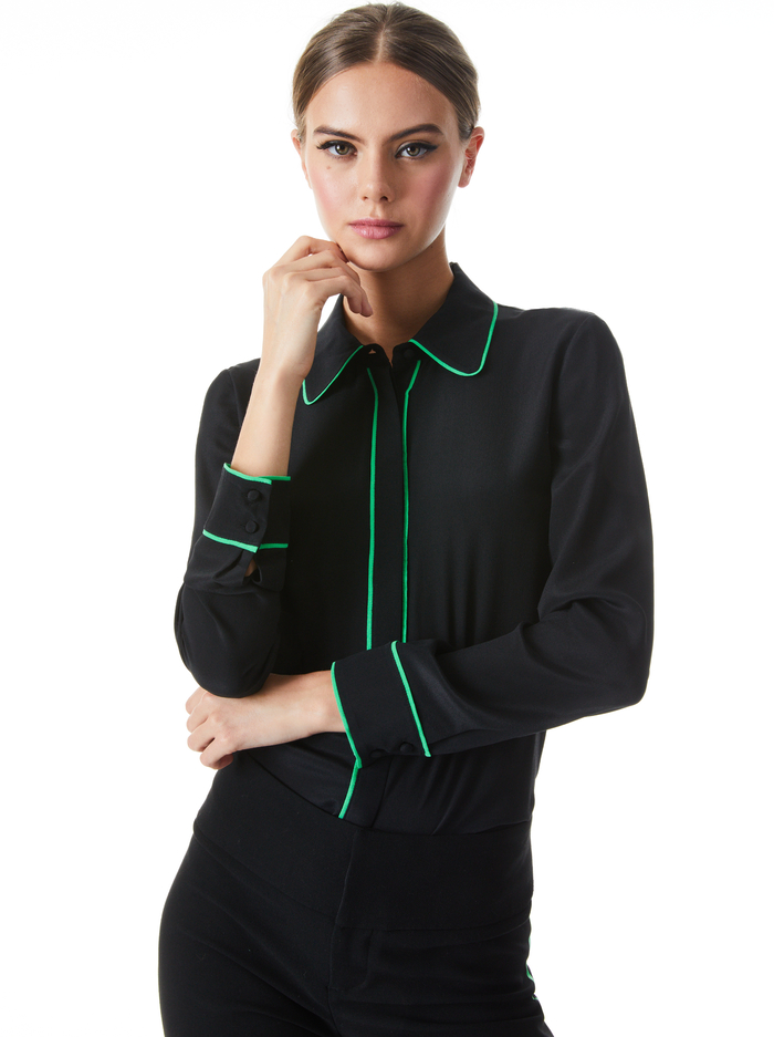 WILLA PIPED PLACKET TOP - BLACK/GARDEN GREEN - Alice And Olivia