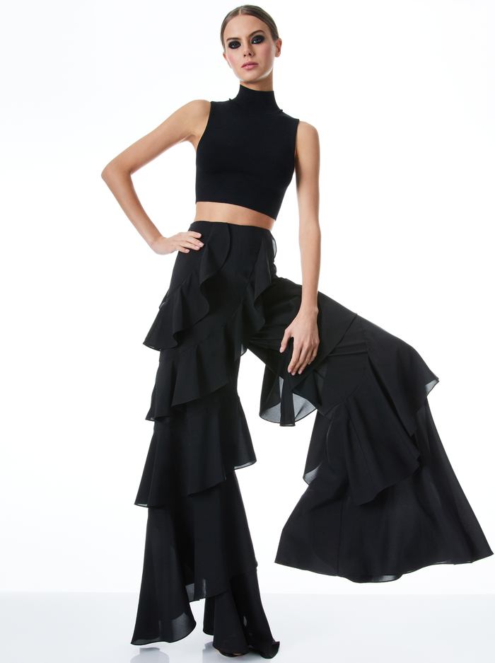 LOTUS WIDE LEG RUFFLE PANT - BLACK image 2 - Alice And Olivia