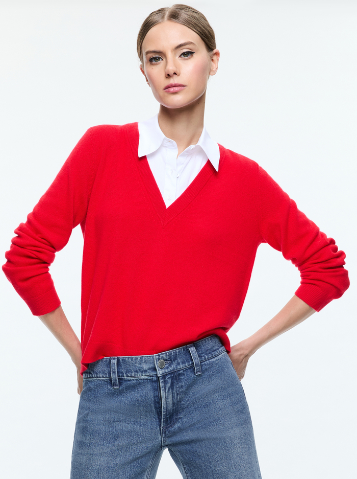 DENBY COLLARED PULLOVER - BRIGHT RUBY/WHITE - Alice And Olivia