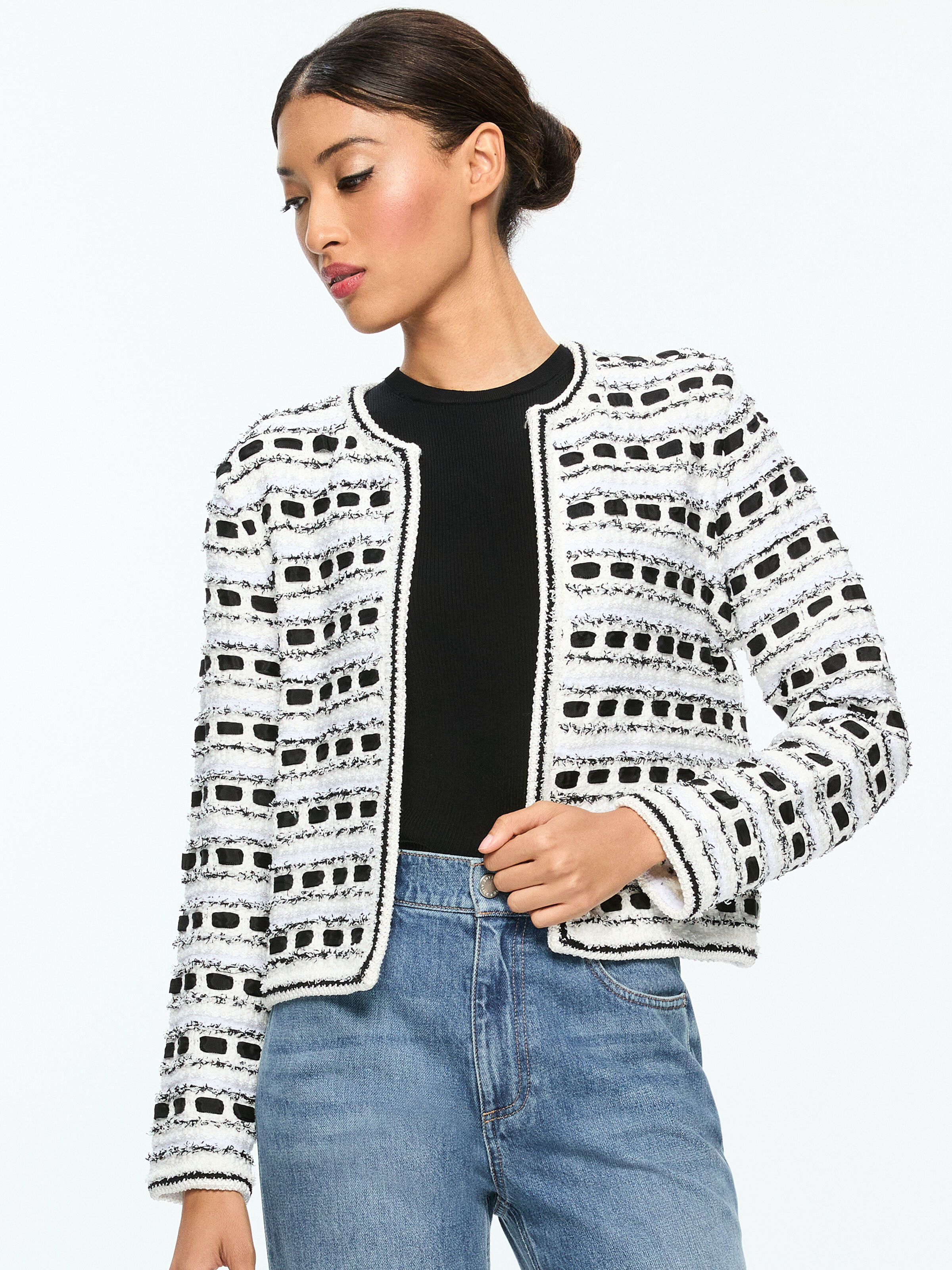 Marjorie Tweed Cardigan In Soft White black Alice Olivia