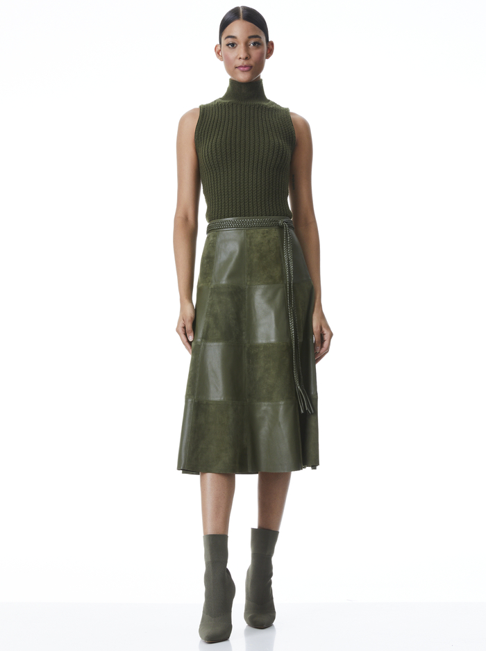 SOSIE SUEDE PATCHWORK MIDI SKIRT - OLIVE image 2 - ALICE + OLIVIA